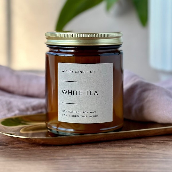 White Tea Soy Candle, 8 oz Amber Jar Candle, Spa Soy Wax Candle, Floral Candle, Spring Candle, Mother’s Day Candle Gift, Uplifting Candle