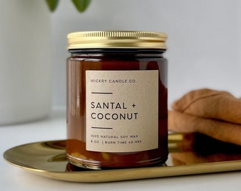 Santal + Coconut Soy Candle, 8 oz Amber Jar Candle, Sandalwood Candle, Home Gift, Gift for Her, Gift for Women, Vegan Candle Gift