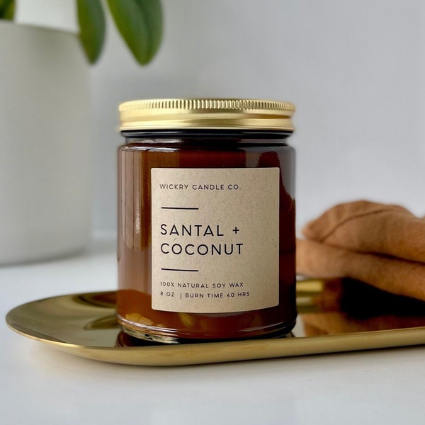 Santal + Coconut Soy Candle, 8 oz Amber Jar Candle, Sandalwood Candle, Home Gift, Gift for Her, Gift for Women, Vegan Candle Gift