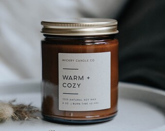 Warm + Cozy Candle, 8 oz Soy Candle, Apple Cider Candle, Host Gift, Gift for Her, Christmas Holiday Gift, Fall Candle, Winter Candle