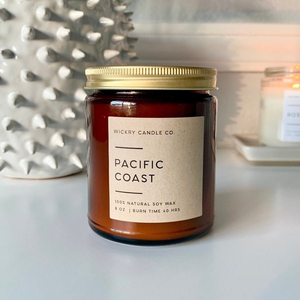 Pacific Coast Soy Candle, Handmade Candle, Amber Candle in Jar, California Ocean Candle, Linen Sea Salt Candle, Eco-friendly Packaging