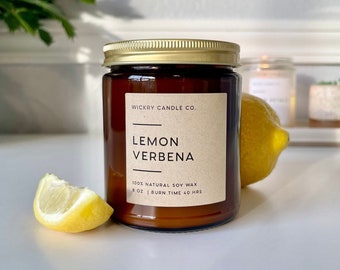 Lemon Verbena Soy Wax Candle, Amber Jar Candle, Spring Handmade Candle, Lemongrass Citrus Clean Candle, Modern Candle, Gift for Her