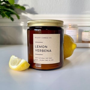 Lemon Verbena Soy Wax Candle, Amber Jar Candle, Spring Handmade Candle, Lemongrass Citrus Clean Candle, Modern Candle, Gift for Her