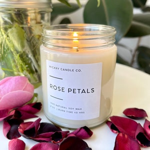 Rose Petals Soy Candle, 8 oz Glass Jar Candle, Valentine's Day Candle Gift, Mother’s Day Candle, Spring Floral Candle, Wedding Favor Candle