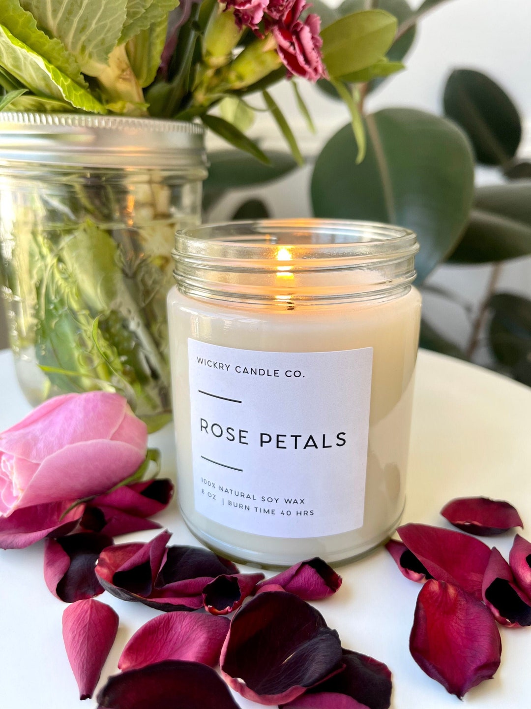 Rose Petals Soy Candle, 8 Oz Glass Jar Candle, Valentine's Day Candle Gift, Mothers Day Candle