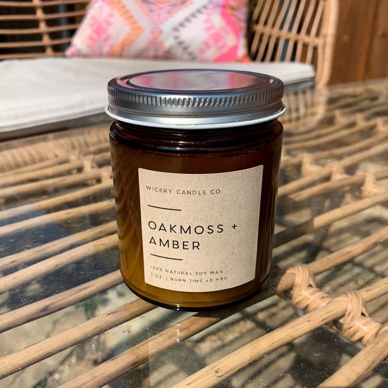Oakmoss and Amber Soy Candle 8 oz Amber Glass Candle Etsy