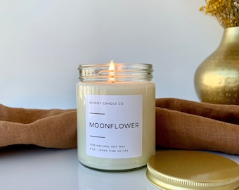 Moonflower Soy Candle, 8 oz Candle, Spring Candle in Jar, Floral Container Candle, Mother's Day Gift, Hand Poured Candle
