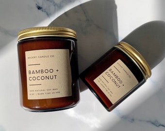 Bamboo + Coconut Candle, Amber Jar Candle, Vegan Candle, Summer Beach Soy Candle, Soy Candle Handmade, Wedding Favor Candle