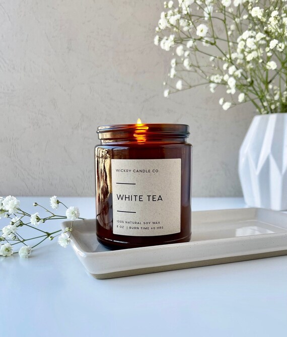 White Tea Soy Candle 8 Oz Amber Jar Candle Spa Soy Wax Etsy