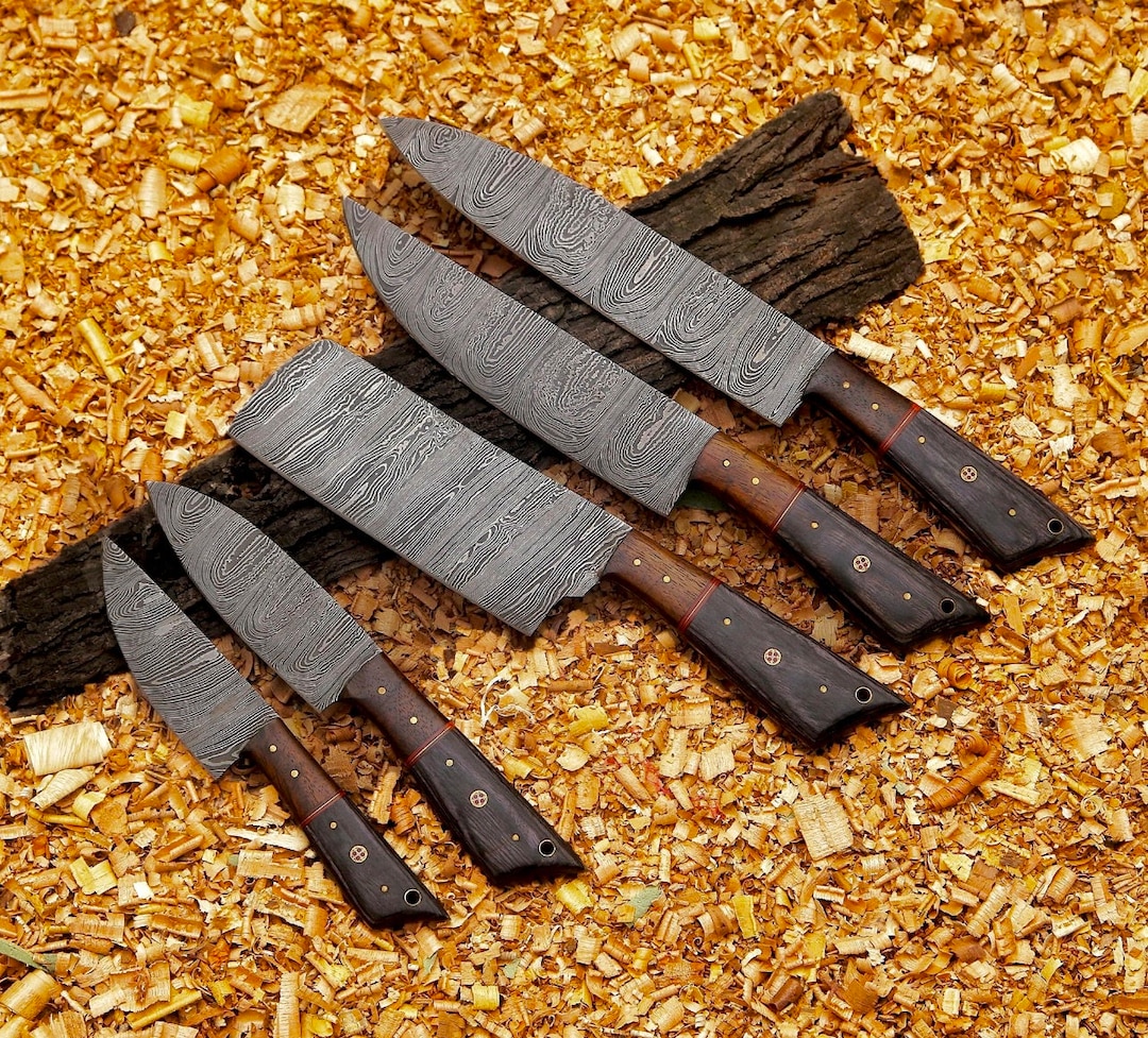 Hand Damascus Chef's Knife Set of 5 BBQ Knife Kitchen Knife Gift for Her Valentines Gift