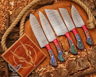Juego de cuchillos de chef de Damasco forjados a mano: mango de madera dura, cuchillos de cocina para barbacoa