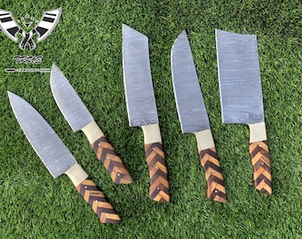 Hand Forged Damascus Chef's Knife Set of 5 BBQ Knife Kitchen Knife Gift for Her Valentines Gift Camping Knife Gift for Him Groomsmen gift SM