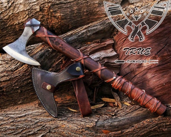 Handmade D2 Steel Viking Axe: Bearded Camping Hatchet with Wood Shaft