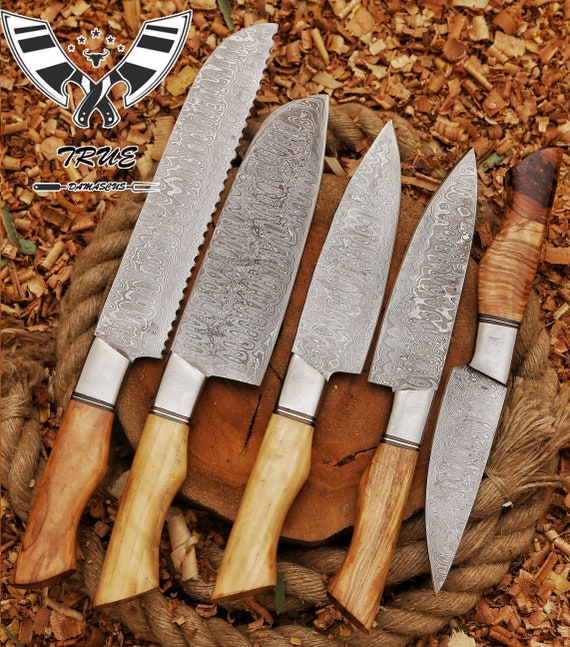 Hand Forged Damascus Chef's Knife Set of 5 BBQ Knife Kitchen Knife