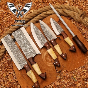 Damascus Knife Set , 5 pieces Chef Knife Set , Kitchen Knife Set , Birthday , Anniversary Gift , Groomsmen gift, Christmas Gift