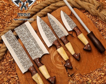 Damascus Knife Set , 5 pieces Chef Knife Set , Kitchen Knife Set , Birthday , Anniversary Gift , Groomsmen gift, Christmas Gift