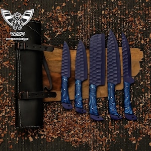 Handgeschmiedetes Damast-Kochmesser-Set mit 5 Grillmessern Küchenmesser Geschenk für Sie Valentinstagsgeschenk Campingmesser Geschenk für ihn Trauzeugen Geschenk SM