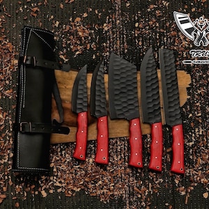 Handgeschmiedetes Damast-Kochmesser-Set mit 5 Grillmessern Küchenmesser Geschenk für Sie Valentinstagsgeschenk Campingmesser Geschenk für ihn Trauzeugen Geschenk SM