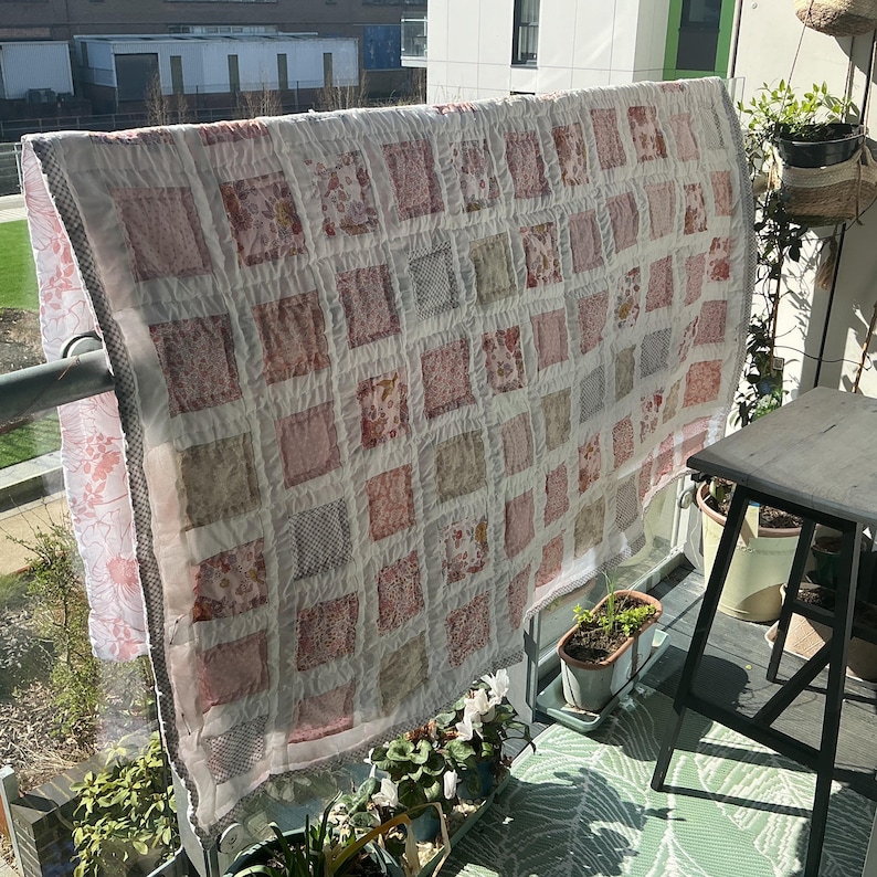 Large Pink Patchwork Quilt, Vintage Style Fabrics, Hand-Quilted Cottage Decor image 4