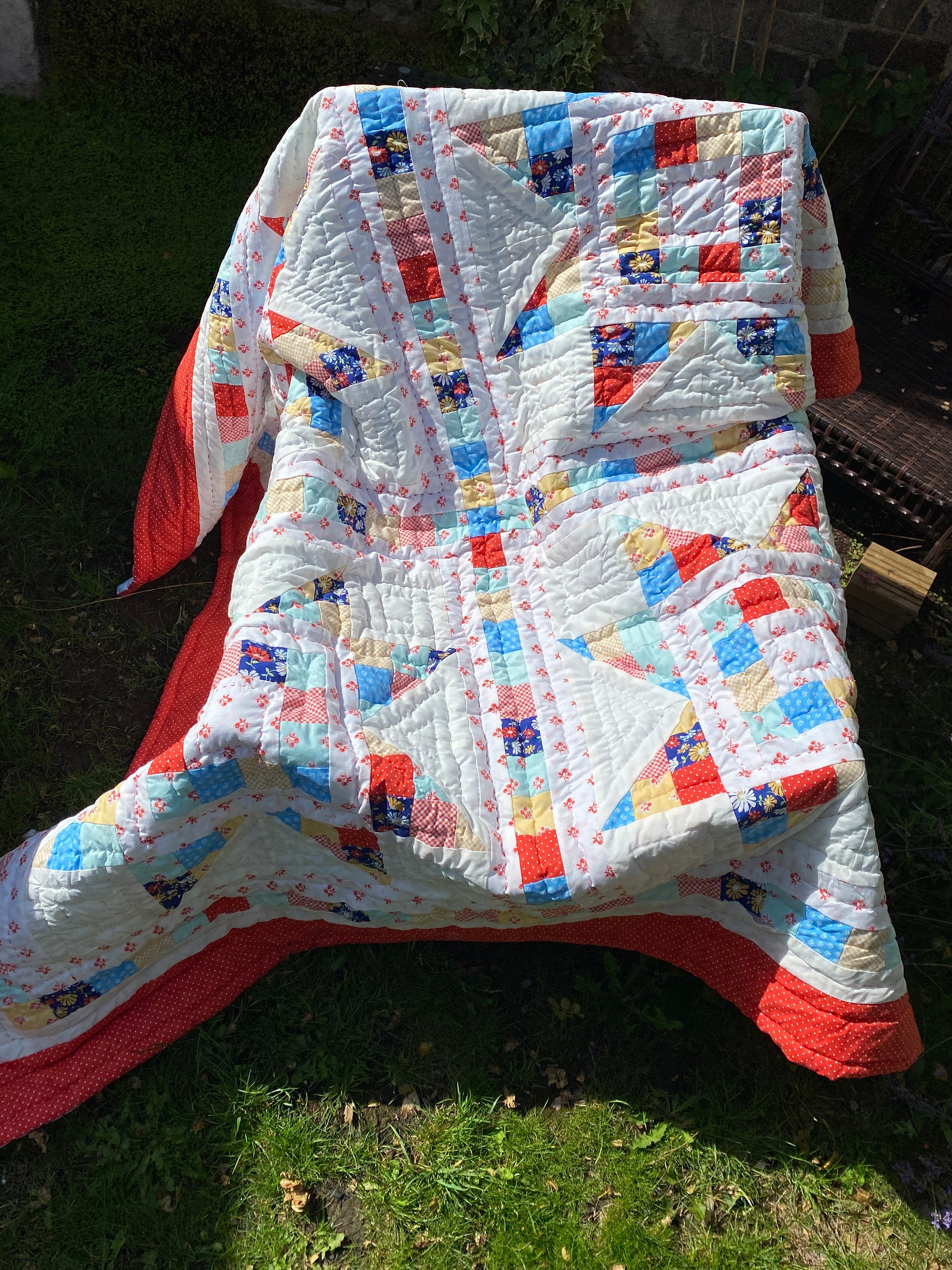 Double Patchwork Quilt in Bright Colours With a Four Star Pattern Etsy