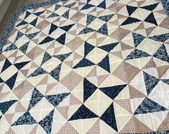 large double patchwork quilt in blues and beige stars and diamonds pattern.Hand Quilted
