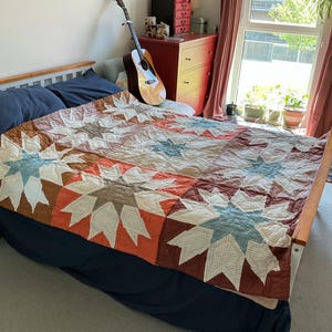 Handquilted Linen Star Patchwork Quilt, Double Bed Size, Brown Blue Mauve Bedding