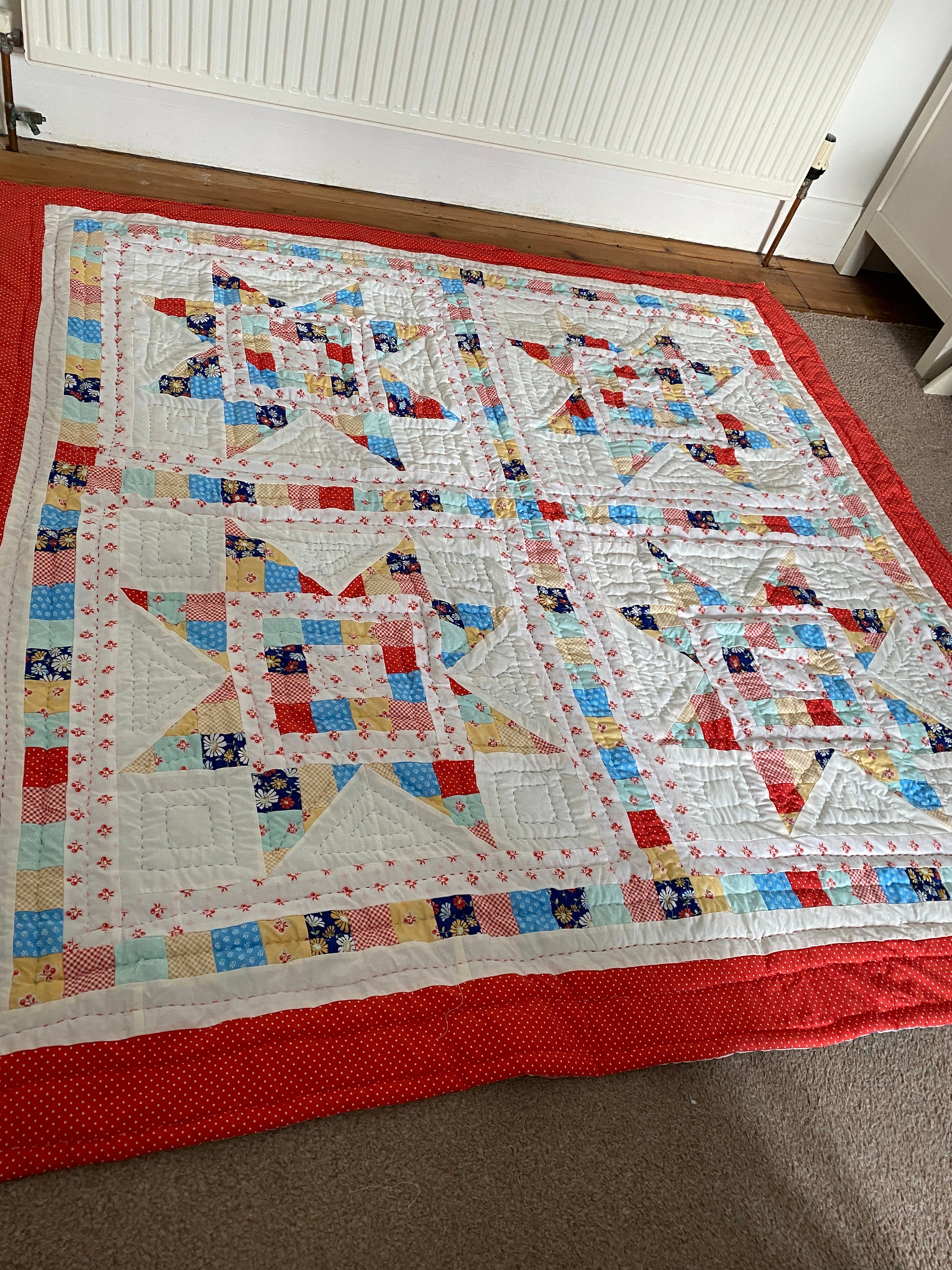 Double Patchwork Quilt in Bright Colours With a Four Star Pattern Etsy