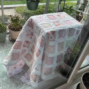 Large Pink Patchwork Quilt, Vintage Style Fabrics, Hand-Quilted Cottage Decor image 10