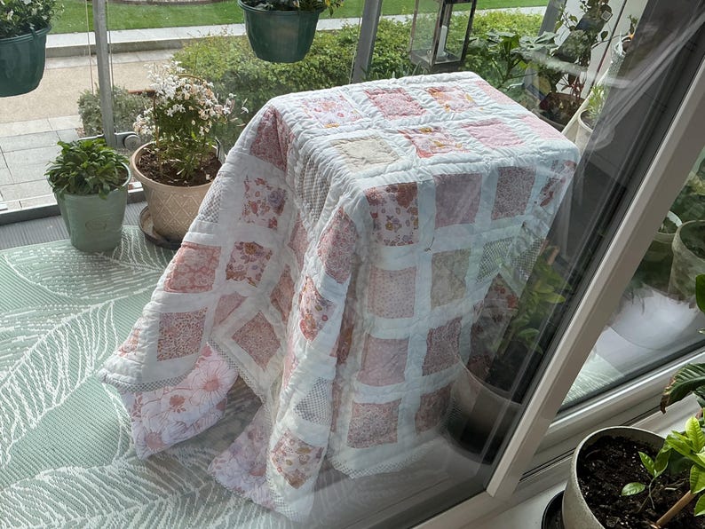 Large Pink Patchwork Quilt, Vintage Style Fabrics, Hand-Quilted Cottage Decor image 10