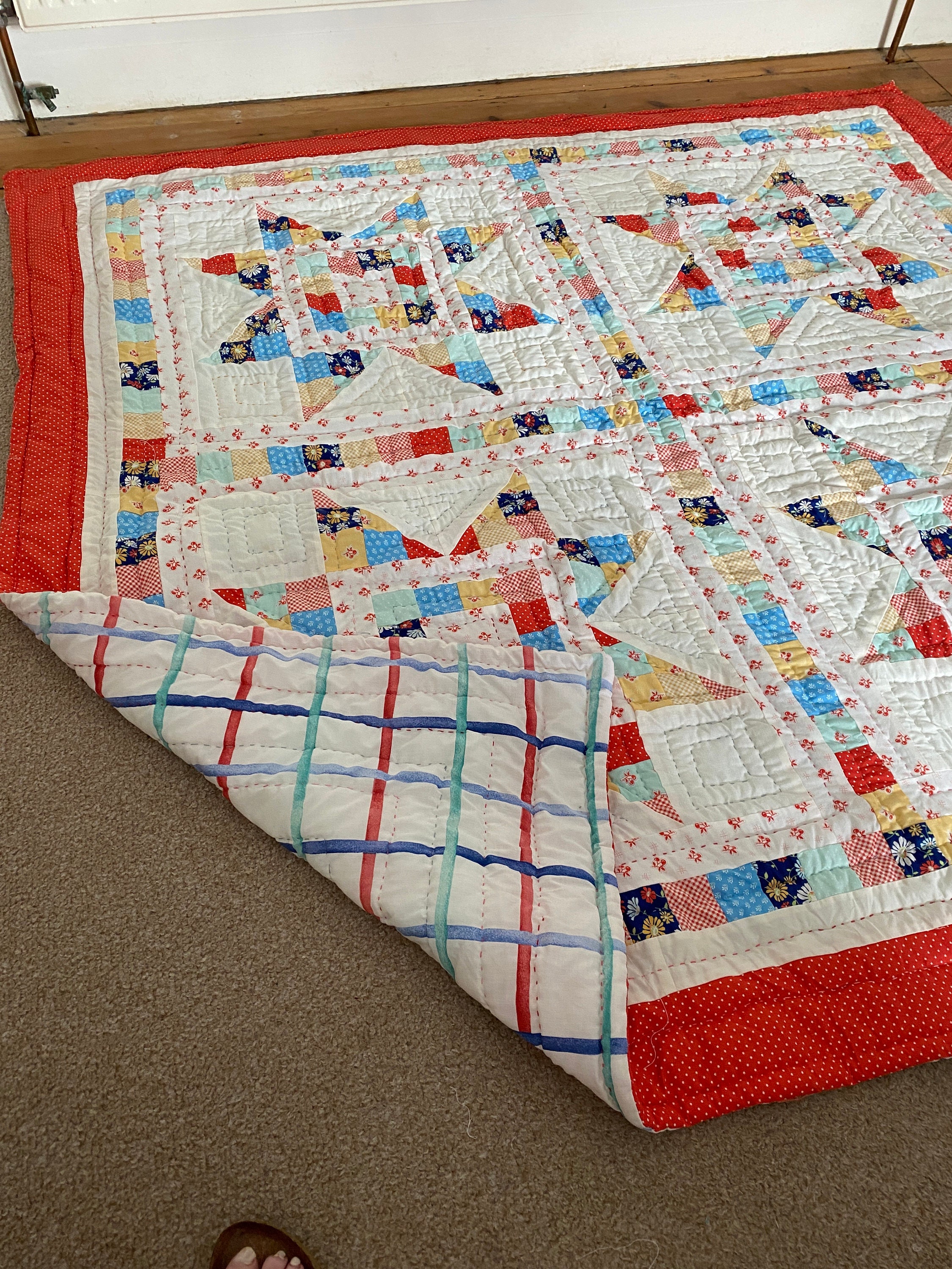 Double Patchwork Quilt in Bright Colours With a Four Star Pattern Etsy