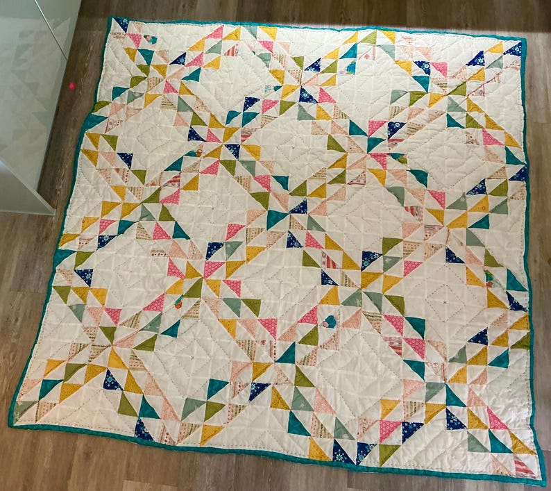 Large Double Patchwork Quilt in Bright Triangle Pattern. Hand Quilted ...