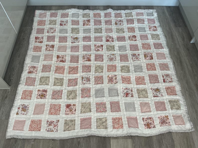 Large Pink Patchwork Quilt, Vintage Style Fabrics, Hand-Quilted Cottage Decor image 3