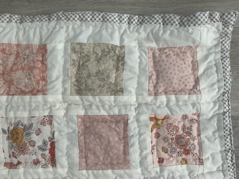 Large Pink Patchwork Quilt, Vintage Style Fabrics, Hand-Quilted Cottage Decor image 6