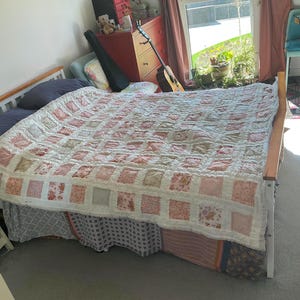 Large Pink Patchwork Quilt, Vintage Style Fabrics, Hand-Quilted Cottage Decor image 1