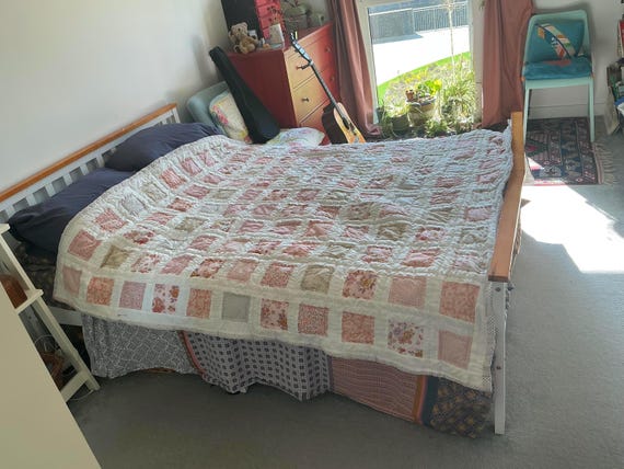 Large Pink Patchwork Quilt, Vintage Style Fabrics, Hand-Quilted Cottage Decor