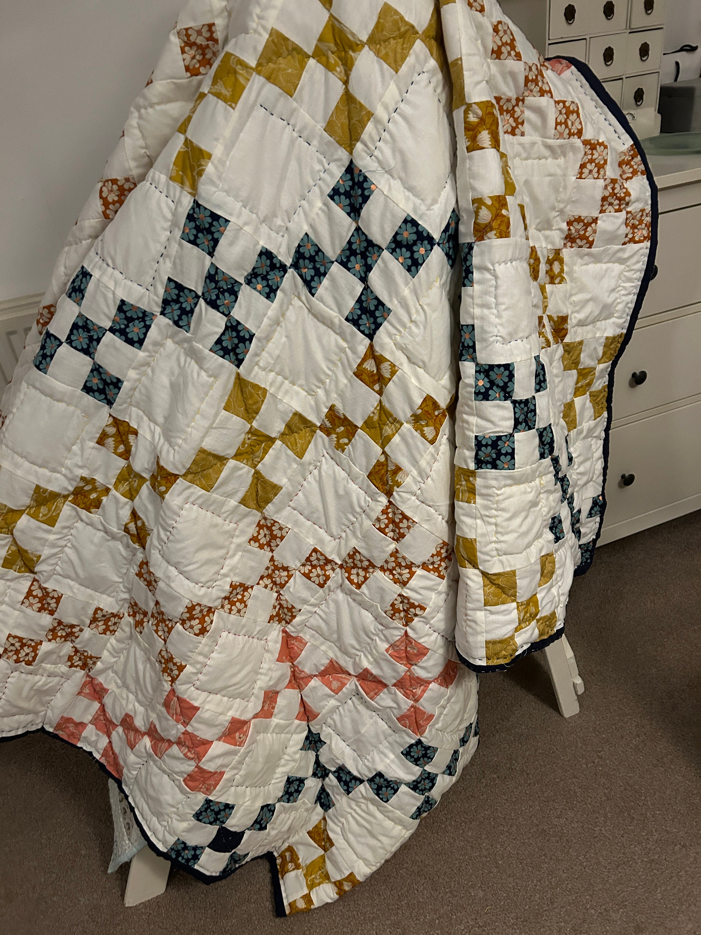 Large Double Patchwork Quilt . Colour Blocked Irish Chain Patch Pattern