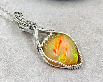 Sterling Silver Ethiopian Opal Pendant: Wire Wrapped Welo Opal Necklace