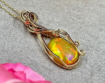 Gold Filled Ethiopian Opal Necklace: Handmade Wire Wrapped Pendant
