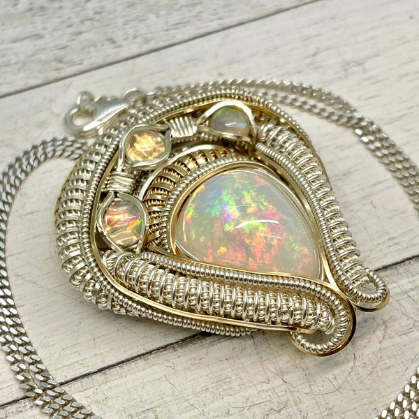 Heady Opal Pendant - Wire Wrapped Opal Pendant - Opal Necklace - Genuine Ethiopian Welo Opal 23.92 Carats in Sterling Silver & 14k Gold