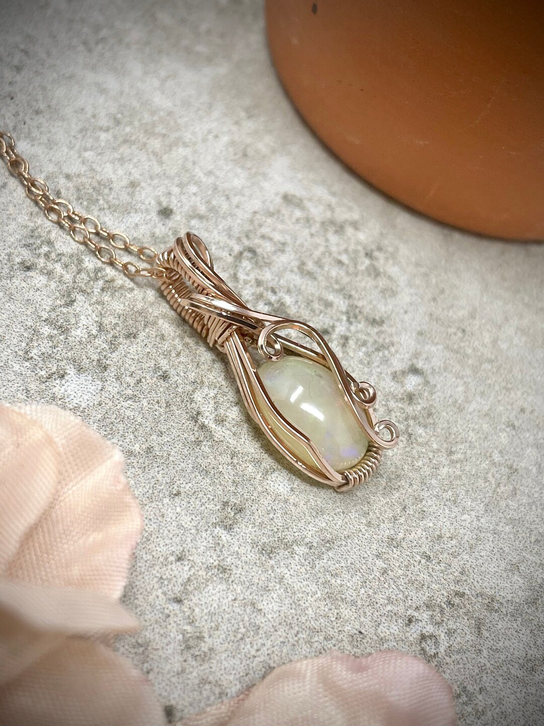 Genuine Opal Necklace in 14k Rose Gold Fill Wire Wrapped Opal Etsy