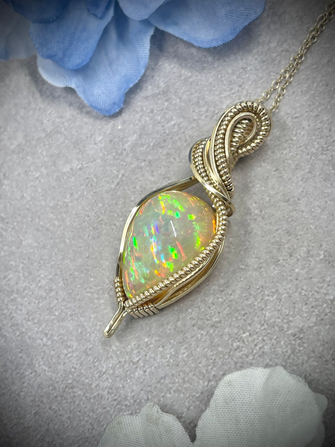 Opal Wire Wrap Pendant, Gold Opal Necklace, Ethiopian Opal Jewelry
