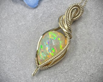 Opal Wire Wrap Pendant, Gold Opal Necklace, Ethiopian Opal Jewelry, Anniversary Gift for Wife, Mothers Day Gift, Teardrop Opal Pendant, Welo