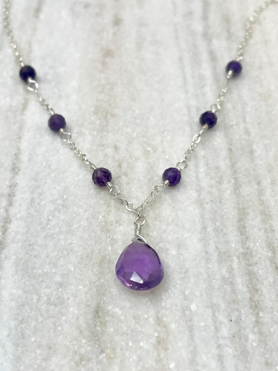 Delicate Amethyst Drop Necklace Amethyst Pendant Wire Wrapped