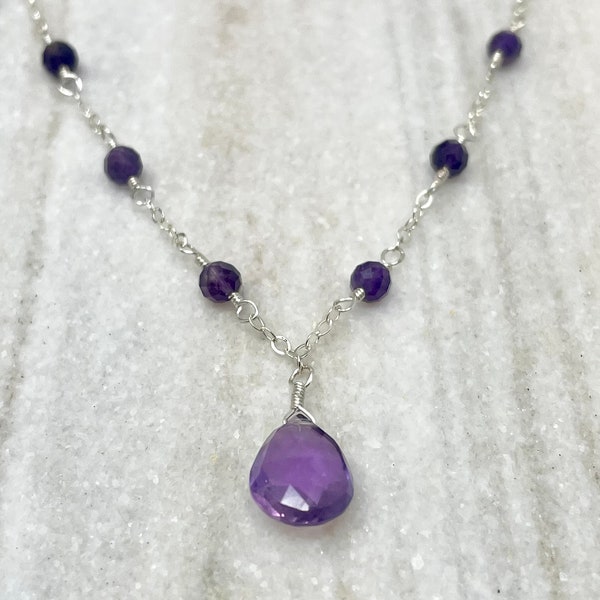 Delicate Amethyst Drop Necklace, Amethyst Pendant, Wire Wrapped Jewelry, Minimalist Crystal Necklace, Amethyst Bead Necklace, Gemstone