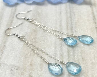 Boucles D'oreilles Argent 925 Topaze Bleue - Briolette, Pierre Précieuse, Neuf Avec étiquettes