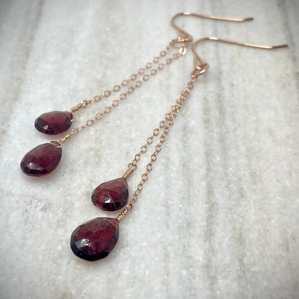 Garnet Drop Earrings, Dangle Earrings, Dainty Gemstone Earrings, Rose Gold Garnet Jewelry, Christmas Gift  for Mom, January Birthstone