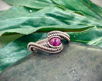 Wire Wrapped Ruby Cabochon Ring in Oxidized Copper: July Birthstone Jewelry, Handmade Gemstone Rings