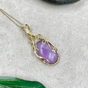 Gold Amethyst Necklace, Wire Wrapped Amethyst Pendant, Handmade Crystal Jewelry, Artisan Jewelry, OOAK Jewelry, February Birthstone Jewelry