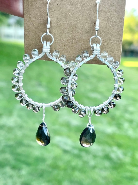 Smokey Quartz Hoop Earrings in Sterling Silver: Handmade Gemstone Bead Earrings
