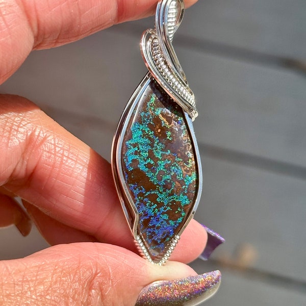 Silver Boulder Opal Pendant, Wire Wrapped Opal Necklace, Large Opal Statement Necklace, Mothers Day Gift, Handmade Australian Opal Jewelry